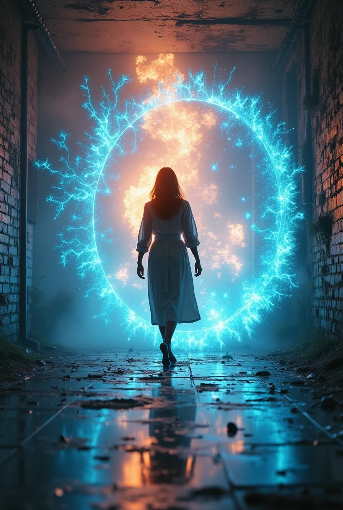 photo realistic of a lady walking into an inter-dimension portal and dissolved her body to quantum matrix hologram, shows ballistic effect in gradation movement color, kaleidoscopic time to time, intricate detailed, dramatic lighting