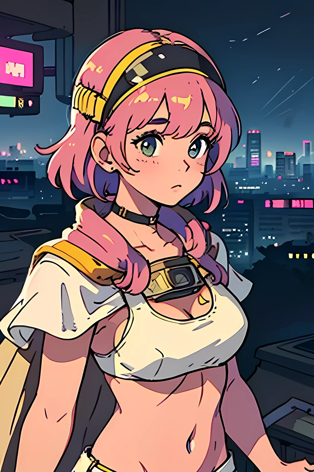 best quality, masterpiece, 1girl, blush, (upper body:1.3), medium hair with bangs, looking down, medium breast, (white bikini with gold accents:1.2), cape, visor, hands down, (residential complex with a view of the cyberpunk city:1.3)