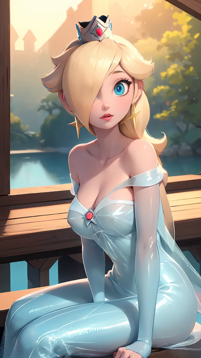 (best quality). (Ultra Detailed). (1girl), Looking at the Viewer. ( Detailed background). beautiful detailed eyes.  delicate and beautiful face . (high saturation),  medium breasts , droopy breasts, (((sexy Elsa outfit))), smile, slender body, nipples, transparent outfit