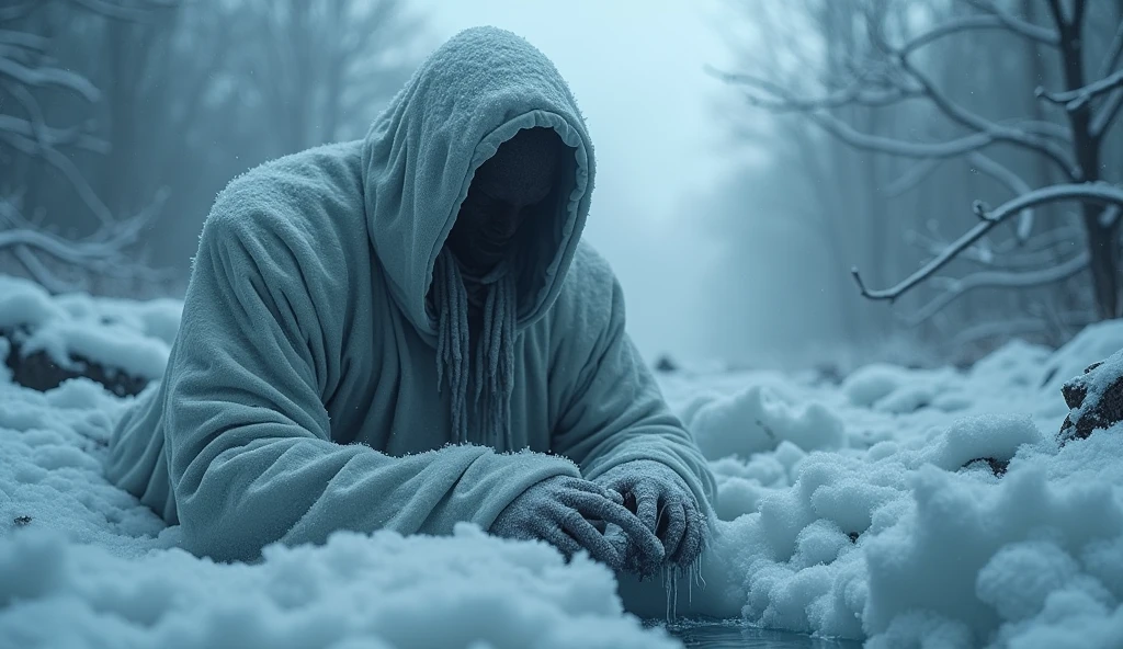 (masterpiece, 8K, UHD, photo-realistic:1.3), man dressed as Rasputin, long black hair, (rugged robe:1.2), sleeping on a frozen river, (half-covered by water and ice:1.4), lying between the ice in an uncomfortable sleeping position, dark, intimidating atmosphere, moonlit night, sparkling frost, Greg Rutkowski style.