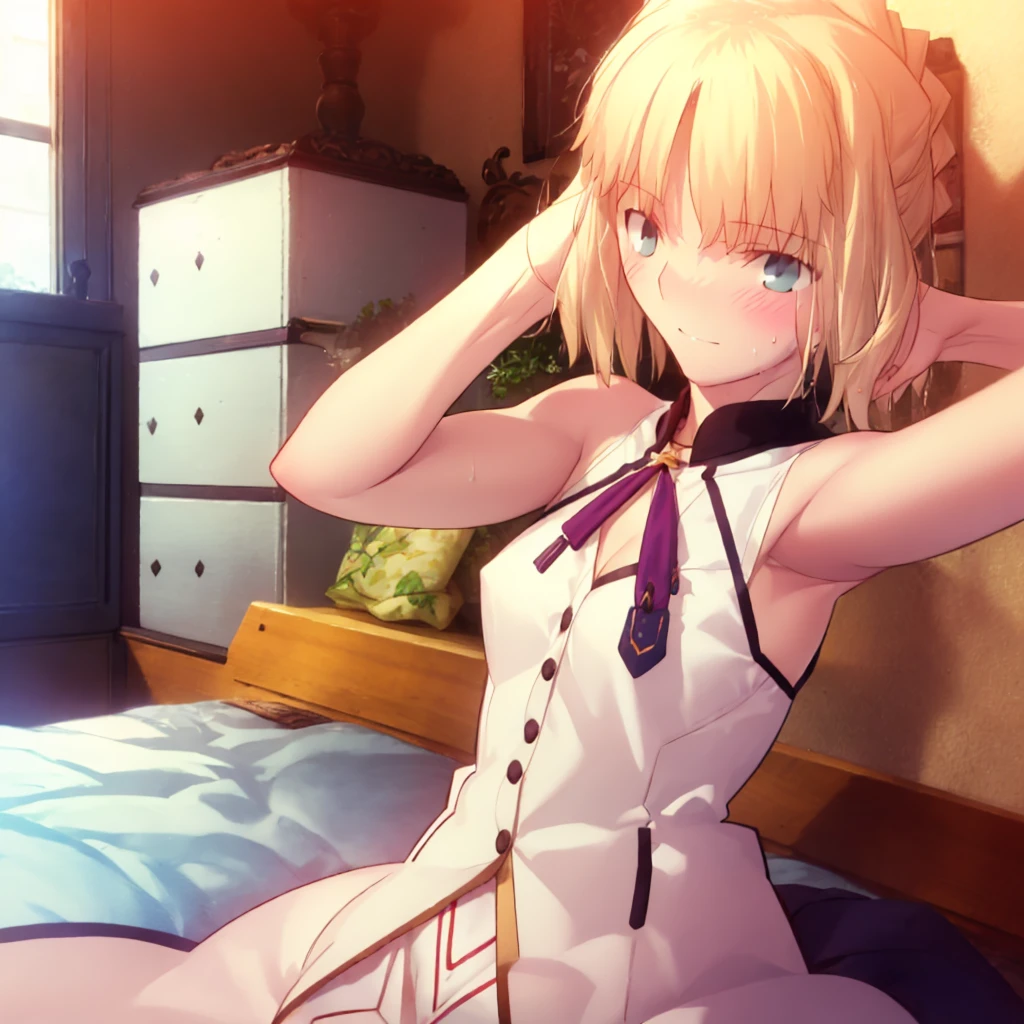 Best_quality, masterpiece, highres, detailed, detailed_background, ray_tracing_graphic, solo, adult_female, {saber_fatestaynightufotable:1.15}, blonde_hair, ponytail, little_ahoge, detailed_green_eyes, blue_ribbon, 1girl, anime_coloring, detailed_face, kuudere_face, five_fingers, blush, large_breasts, white_shirt, from_the_front, sit, bed, dark_room, night_time, looking_at_viewer, oily_skin, detailed_skin, detailed_texture