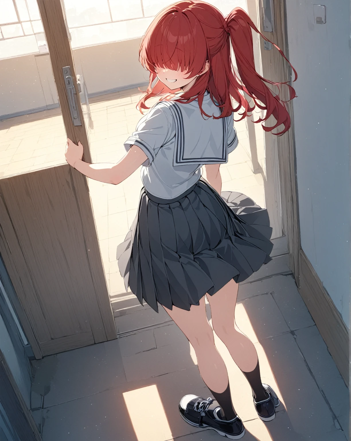 1girl,(mekakure,hair over eyes),Ikuyo Kita,long hair,one side up,red hair,small breasts,smiling,black shoes,black skirt,grey sailor color pleated skirt,sailor color uniform shoes,short sleeves,shuka high school uniform,school,top quality,high res,unity 8k wallpaper,(illustration: 0.8),highly detailed face,perfect lighting,full body,back focus,perfect lighting