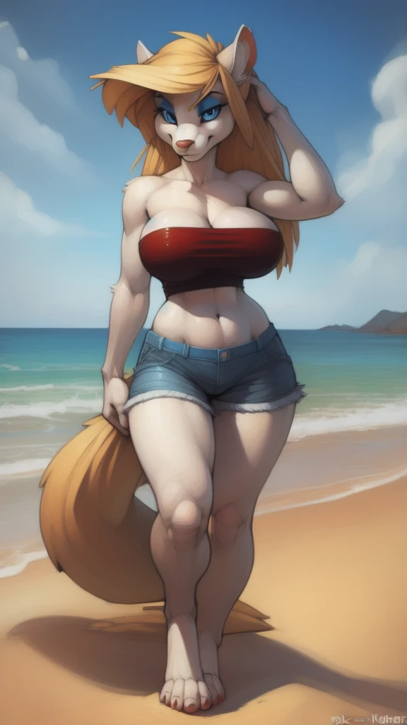 minerva, (ultradetailed), (highest quality), long hair, body, soft fluffy tail, big round breasts, slim waist, round hips, closeup, blue eyes, blue eyeshadow, masterpiece, (uploaded on e621), (((by wolfy-nail, by pixelsketcher, by smiju))), detailed fur, red tube top, jean shorts, at the beach, Looking at viewer,