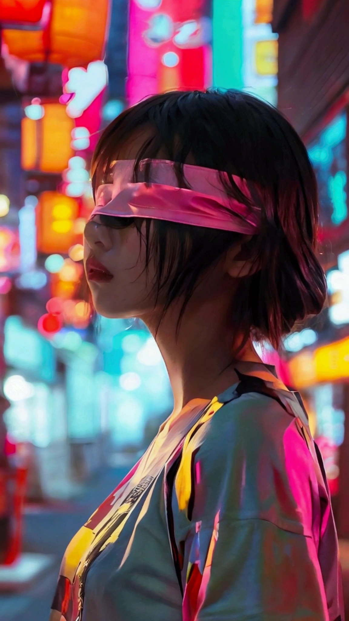 Street snap Japanese woman LEE t-shirt 1 girl, Blindfold