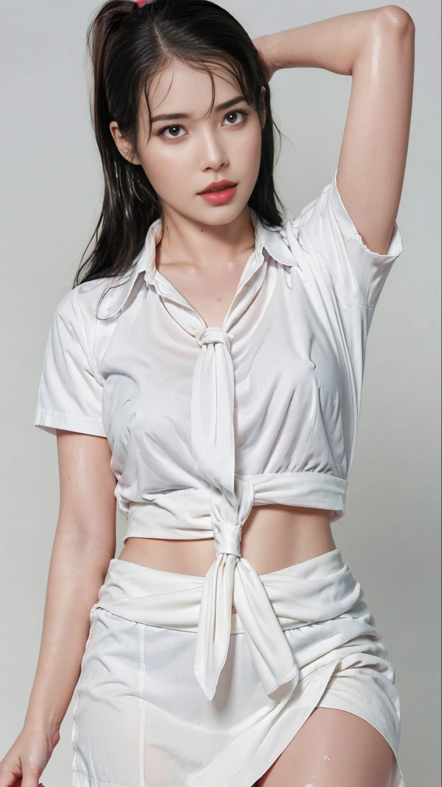 RAW, Best quality, high resolution, Masterpiece: 1.3), Beautiful IU, Masterpiece, ((sweat, sweaty, sweaty skin, wet skin, sweat droplets, wet body, wet face)), long hairstyle, Perfect slim body, Beautiful big eyes, Watery eyes, Soft smile, Wet lips, Big breasts, (((wearing white collar shirt with necktie, Half open crotch ripped skirt 、 skirt bottom safety pants prevent the bottom of the skirt from falling out))), perfect body, wide hips, thick thighs, (((she is enjoy rain wash on a rainy city street, her wet clothes trigger attention on nipple shimmering and visible breastpit through her wet clothes))), (((sexy seductive view, sexy seductive pose))), bright lighting, happy, 8k, high quality, beam lighting