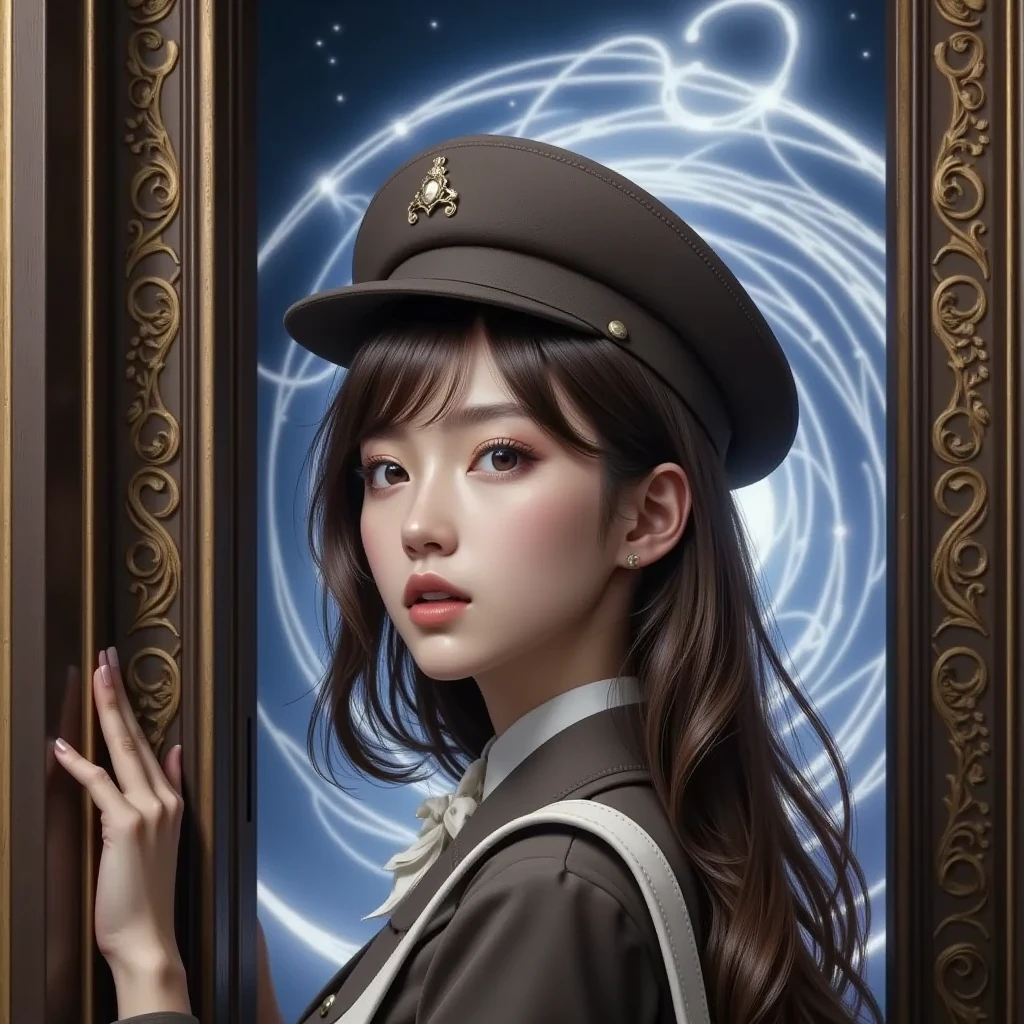 Mysterious elevator 、Elevator girl leaning aside 、 felt hat with brim and subdued color women's suit、White handbag、Hat ribbon、 A strange and wonderful scene unfolds as the door opens。(Best Quality、4K、8k、 high definition、masterpiece:1.2)、Super detailed、( real、 photorealistic、 photorealistic:1.37)、 Detailed and Intricate Fantasy Portal 、 Magical Otherworldly Scenery 、Aether Lights 、 Shining Energy Field 、Floating Island、 Surreal Architecture 、 Sparkling Energy Vortex 、 Inside a Glamorous Elevator 、 Elegant Young Woman in Uniform 、 gentle expression 、 captivating gaze 、 detailed facial features 、 long flowing hair 、Graceful pose、 Cinematic Camera Angle 、