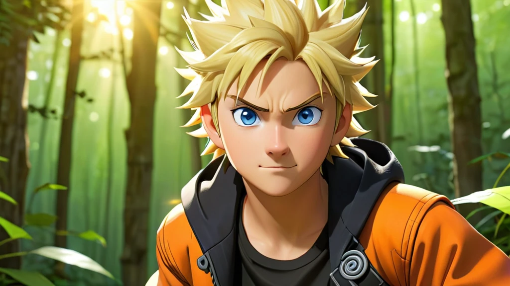 A young man with spiky blonde hair and blue eyes stands confidently in a ninja pose, wearing an orange and black jacket with a spiral logo on the back. He has whisker-like marks on his cheeks, giving him a fox-like appearance, and he radiates a determined, cheerful aura. He is set against a lush green forest background with tall trees, symbolizing the Hidden Leaf Village. Bright sunlight shines down, illuminating his determined face, as if he’s ready for adventure