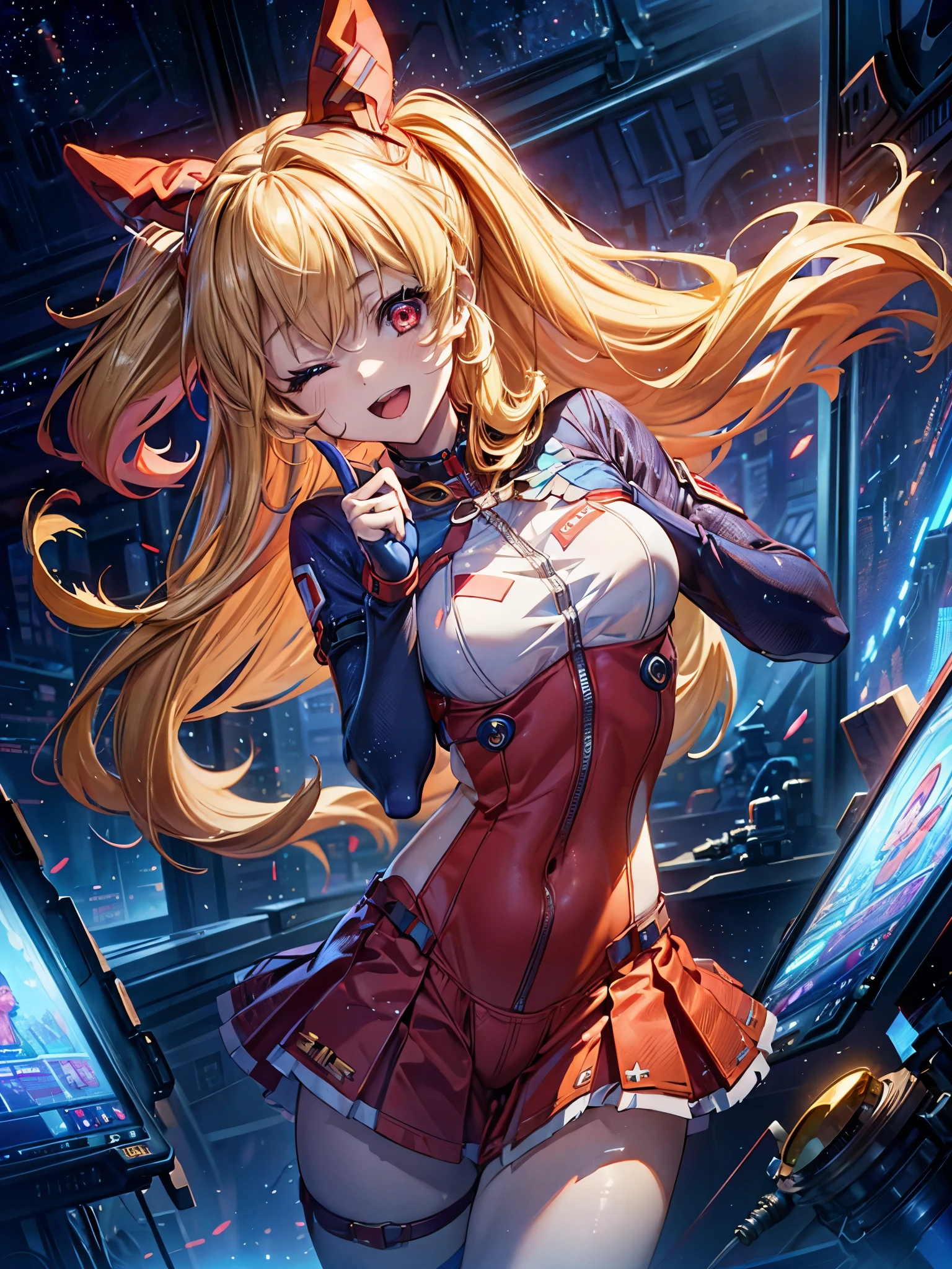 ((masterpiece,best quality, detailed)), full body, night, cityscape, souryuu asuka langley, interface headset, multicolored bodysuit, eyepatch, Junko enoshima in purple evangelion suit, battle suit, latex suit, glued suit