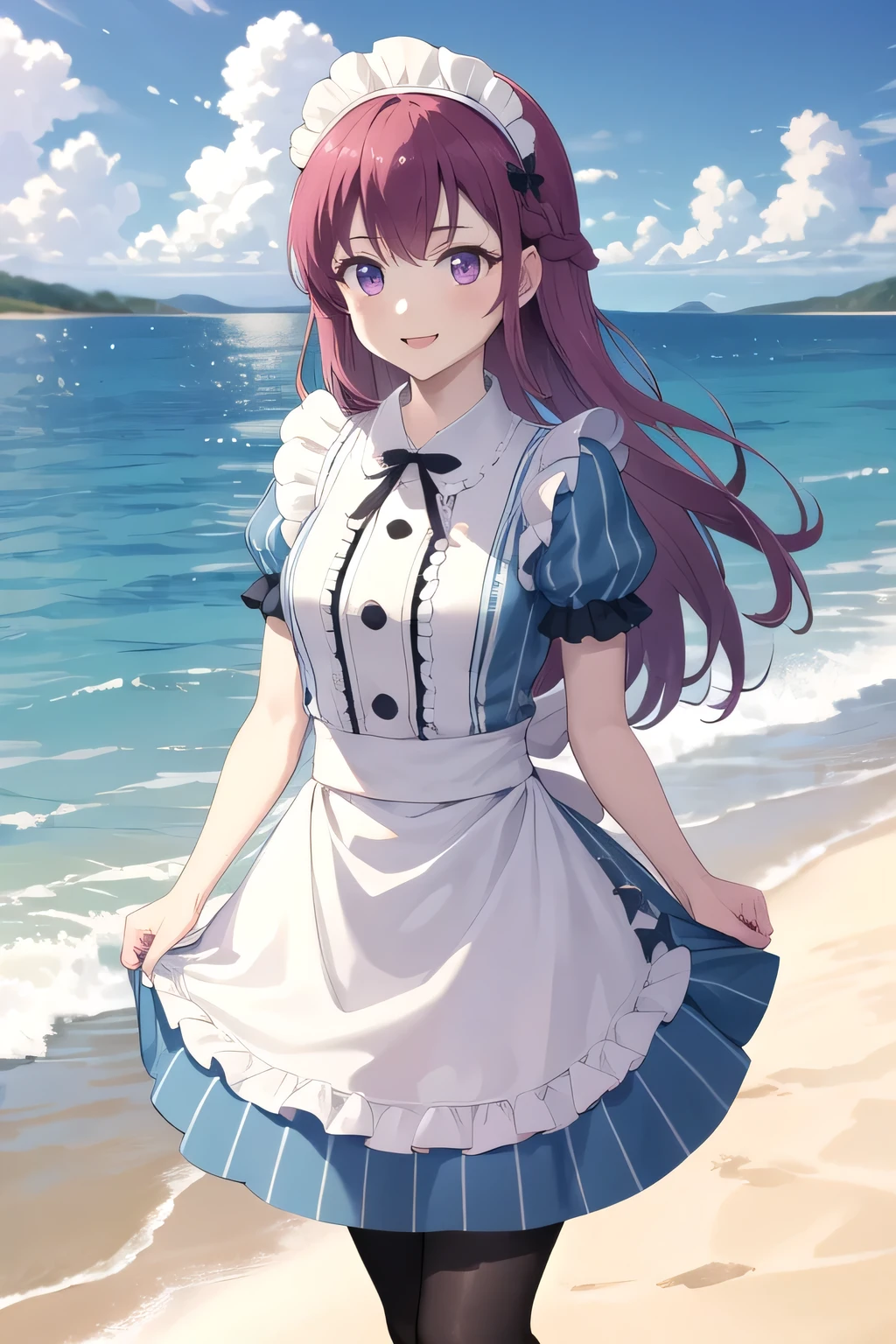 masterpiece, Best Quality,  high definition,  1 girl, Alone, Long Hair, Purple Hair,  braided ,  maid headdress ,  purple eyes,  neck ribbon, frills, vertical stripes,  blue dress, Short sleeve, apron,  black pantyhose ,  standing , cowboy shot, Outdoor, smile、Standing on a sandy beach 、barefoot、 beautiful scenery 、Woman standing on the beach、Blue Sea、 White Clouds 、blue sky、sun、