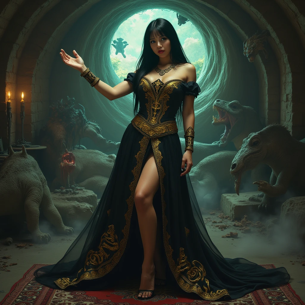(masterpiece, best quality:1.5), highest quality, High resolution, super detailed, Realists, Upper body photo of a black sorceress, dark skin, detailed and beautiful eyes, beautiful detailed lips, very detailed eyes and face, longeyelashes, shiny satin dress, Holds a wand in his hand and performs a transformation spell( Magic wand lights up) Beautiful and colorful makeup, elegant and noble々The jewelry bag, Gardens as background, soft daylight, bright colors, fine brushstrokes, Portrait style, Silk dress fabric, beautiful color palette, glowing skin, First-class rendering, that captures every detail, enchanting atmosphere, subtle shadows and lights, (perfect anatomy:1.2), (The stunning sorceress transforms a dress) (eine Transformation):1.4), (magnificent panorama view:1.2)