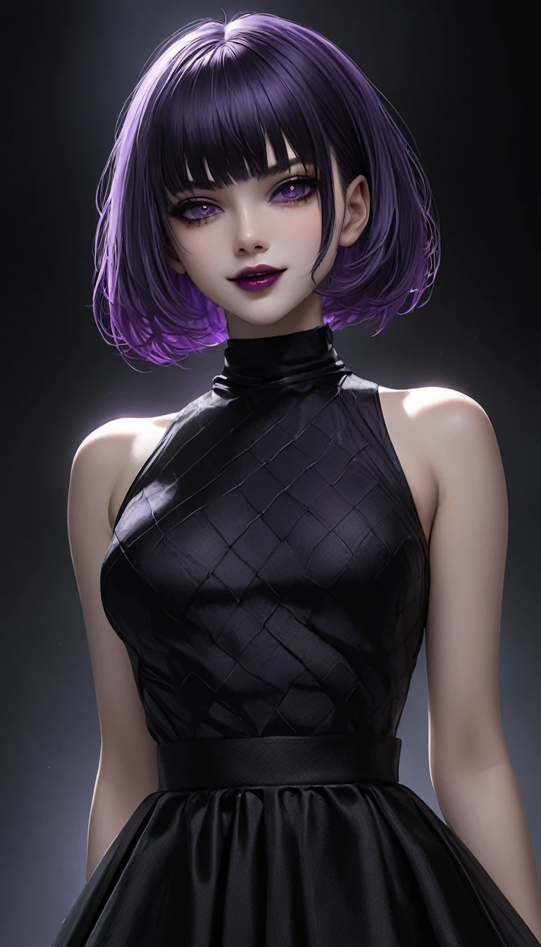 masterpiece,   high definition ,   is anatomically correct , 最 high quality,   high detail ,  high definition model ,   very detailed,   high quality,  Ultra High Definition,   textured skin , Realistic Skin, Purple Hair, bowlcut, Jet Black Eyes, Hanging eyes, Adult women, textured lips,
Grin, 
 black dress,
darkness,
I wear an aura of darkness on my body,
Fantastic,
 Dramatic Angle 