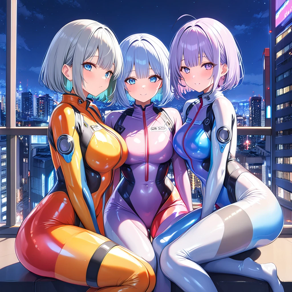 (Multiple girls),(最High image quality, 8k, masterpiece:1.3), (24 years old:1.5), (Grey Hair), ( bob cut ), (Oblique sky blue eyes), (( full body rubber suit 、blue、yellow line、colorful、no zipper 、rubber suit glossy 、Perfect fit、Full body shot、 look at this while sitting、City、Night view)), ([Ultra Clear:1.5), ( Shiny Skin:1.1),(Pale skin:1.1),High image quality、Clear contours