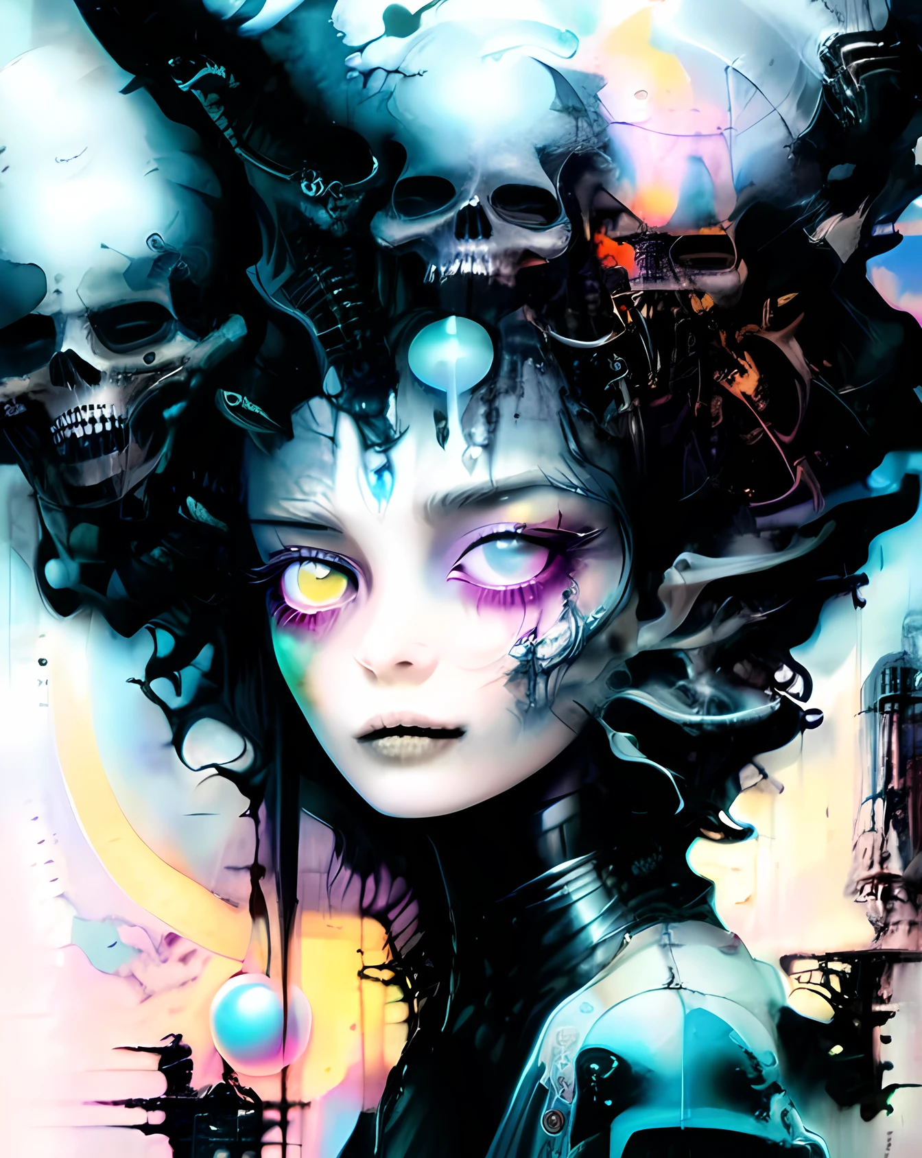 spiderwebs, skulls, wallpaper, there is ugliness in beauty, but there is also beauty in ugliness. desolate, abstract, surrealistic, cotton candy, swamp, funeral, futuristic,in the style of adrian ghenie, esao andrews, jenny saville, edward hopper, surrealism, dark art by james jean, takato yamamoto, inkpunk minimalism, voodoo princess with black hair and black eyes, skinny and extremely beautiful face