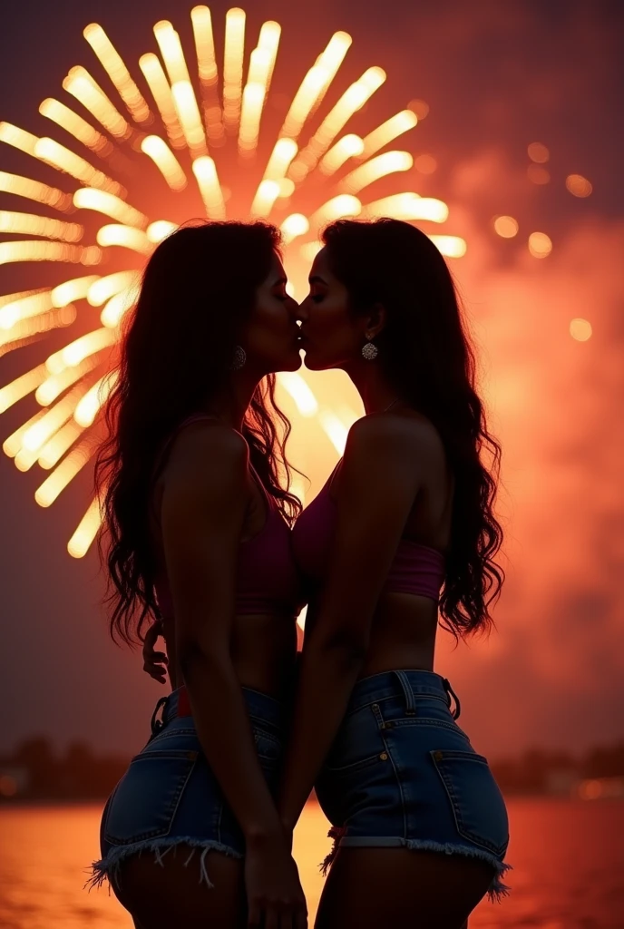 Two hot Indian girls kissing each others breats wearing short jeans fireworks in the background
