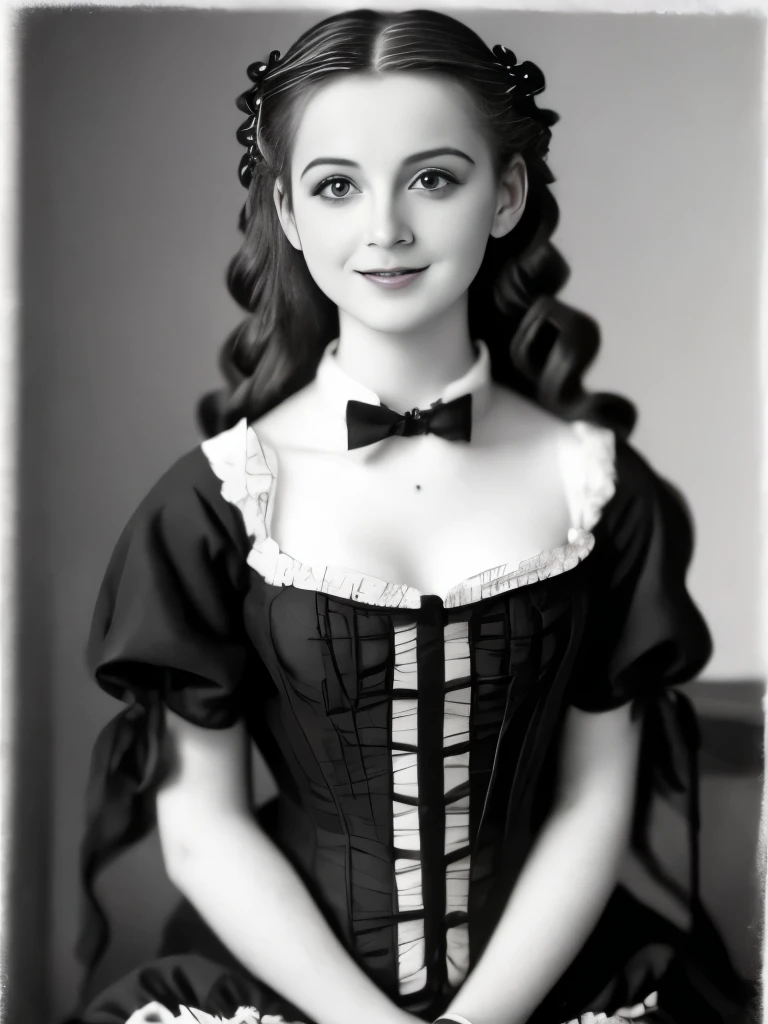 arafed photo of a young girl with a bow tie and a black dress, a black and white photo by Julia Margaret Cameron, flickr, pre-raphaelitism, a beautiful victorian woman, young victorian sad fancy lady, victorian photo, victorian photograph, taken in the late 1800s, 1 8 8 0 s photograph