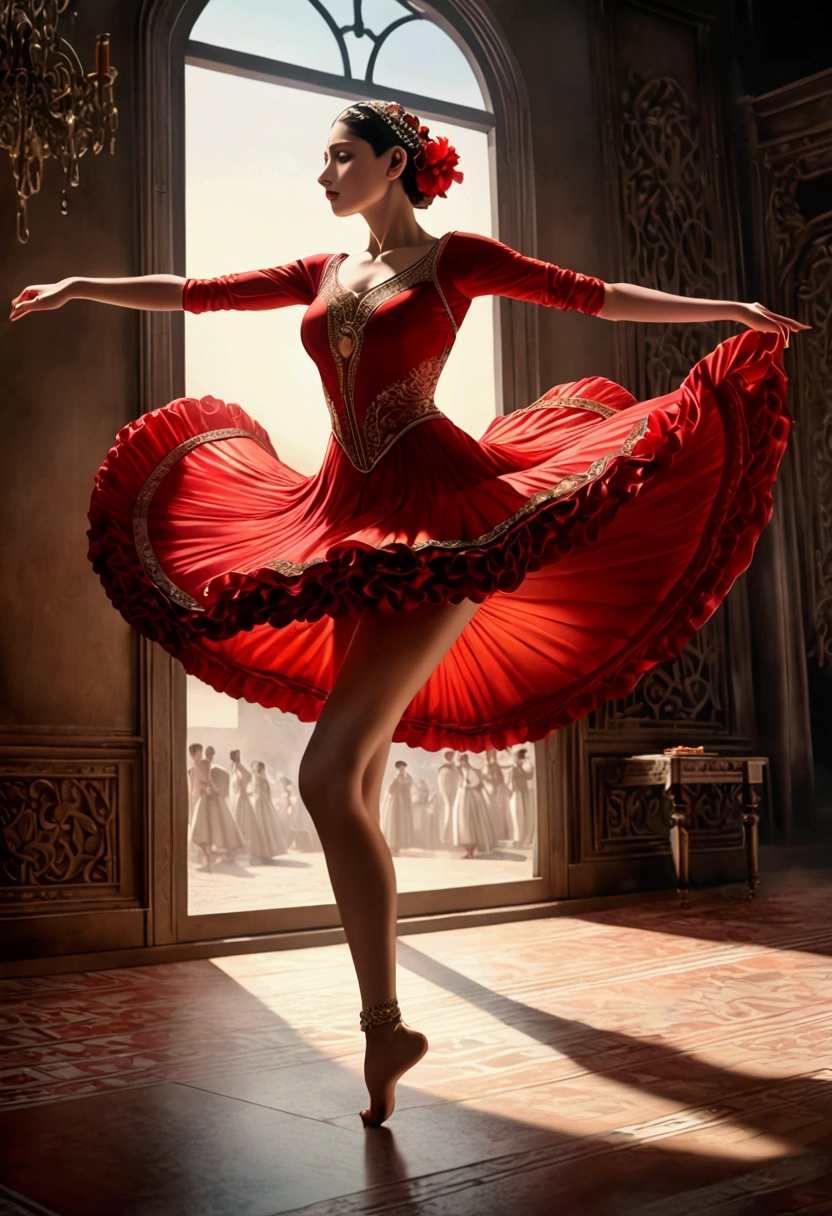 ( Ultra-realistic Spanish dancer), Captivating light-dark , dynamic movement,   full body , awarded,  cinematic frame , emotional, vignette, dynamic, Vivid, (masterpiece,  Best quality ,  photorealistic , professional,  perfect composition ,  very aesthetic, absurdres, ultradetailed,  Intricate Details:1.3)