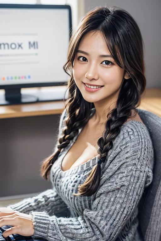 (8k, RAW photo, photorealistic, HQ, masterpiece), a cute Japanese woman, (glowing eyes), 
(shy Smile: 1.4), fluffy single braid, (Grey sweater dress:1.4), cleavage, 
(sitting on office chair), (typing on a computer keyboard:1.4), (Computer on the desk:1.4), background Large office, Depth of field rally background, backlighting, 