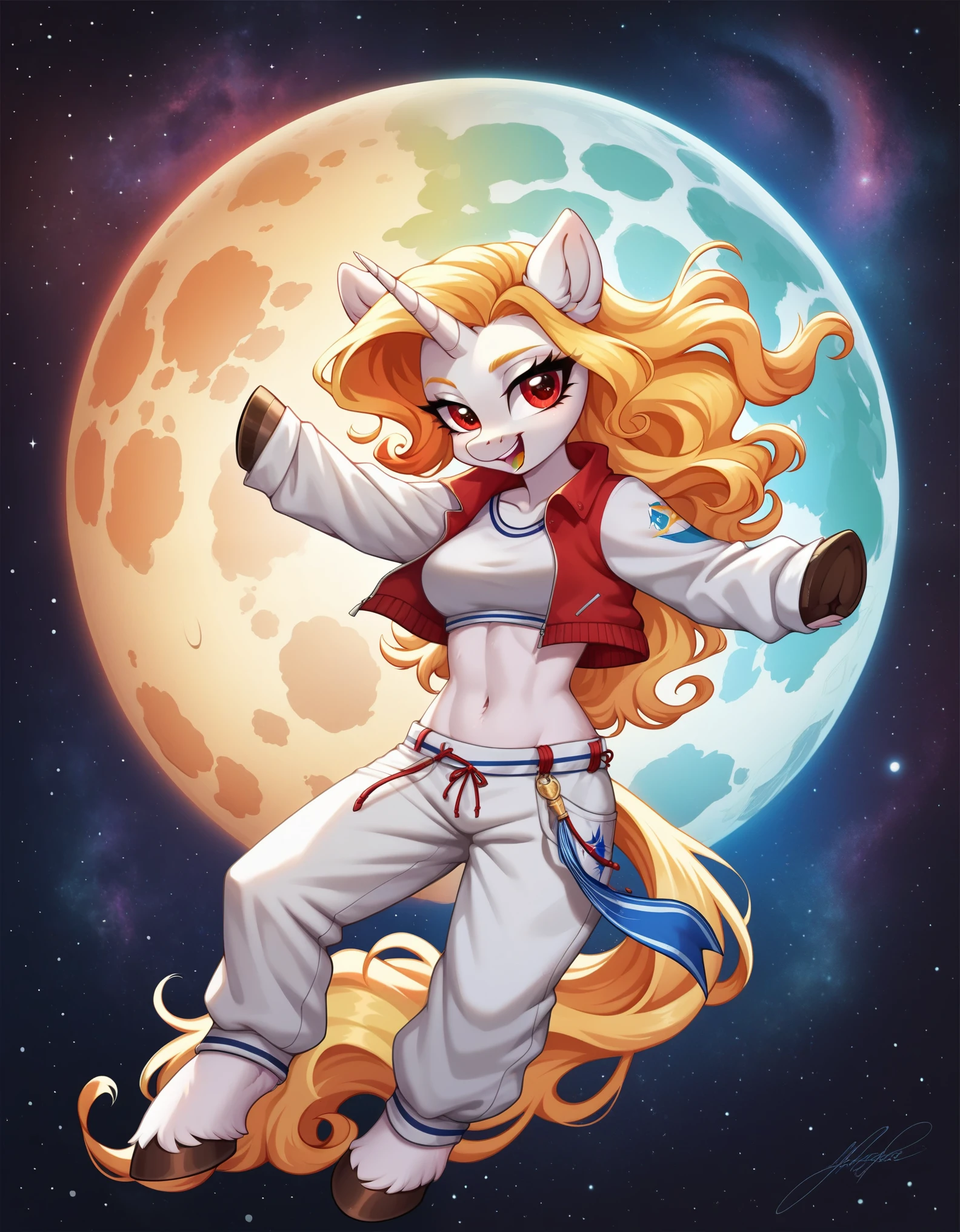 score_9, score_8_up, score_7_up, ((fluffy anthro furry Pony, my little pony, mlp), hooves, snout), (short wavy hair, woman, remarkably detailed red eyes, detailed face), baggy pants, pose, Lonely, Space Opera style, Anime artwork by White Fox, masterpiece, best quality, absurdres, color graded, soft warm lighting, subsurface scattering, face focus, 