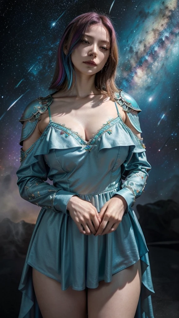 huge breast、thin waist、wide hip、thick thighs、 woman with rainbow-colored hair and detailed teal dress armor,  is standing, レインボーカラーの宇宙star雲の背景, star, Milky Way,  intricate details,  perfect face