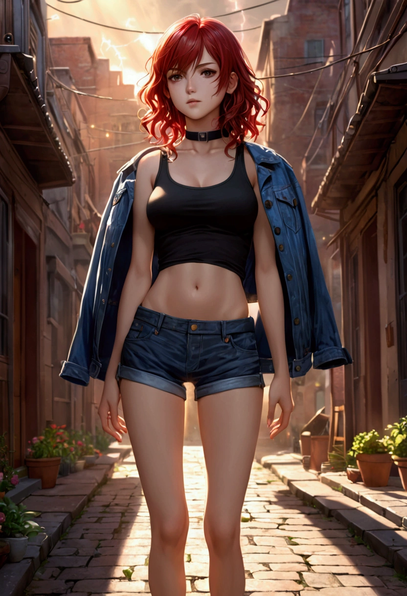 ((medium chest,  long hair, small head)), daylight, sunlight, (Defined abdomen: 1.1), ( perfect body : 1.1), (  short wavy hair : 1.2),  red hair, collar, current,  full body photo , poor street,  wearing a black tank top , jeans jacket, ((shorts)), ( extremely detailed CG 8k wallpaper), ( extremely delicate and beautiful ), (masterpiece), ( Best quality : 1.0), (ultra resolution: 1.0), beautiful lighting, Perfect lightning,   realistic shadows , [ high resolution ], Detailed skins, Ultra Detailed