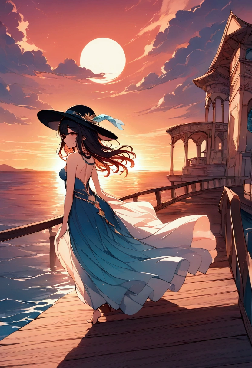  An Arab girl in a long dress and hat is walking on the pier while being illuminated by the sunset,  digital art by Cyril Rolando,  Pixabay Contest Winners ,  digital art,Walking towards the setting sun , Beautiful woman looking back,  beautiful and mysterious ,  standing in the dusk , Illuminated by the setting sun, Moon Goddess, Stunning sunset and shadows ,   fantasy