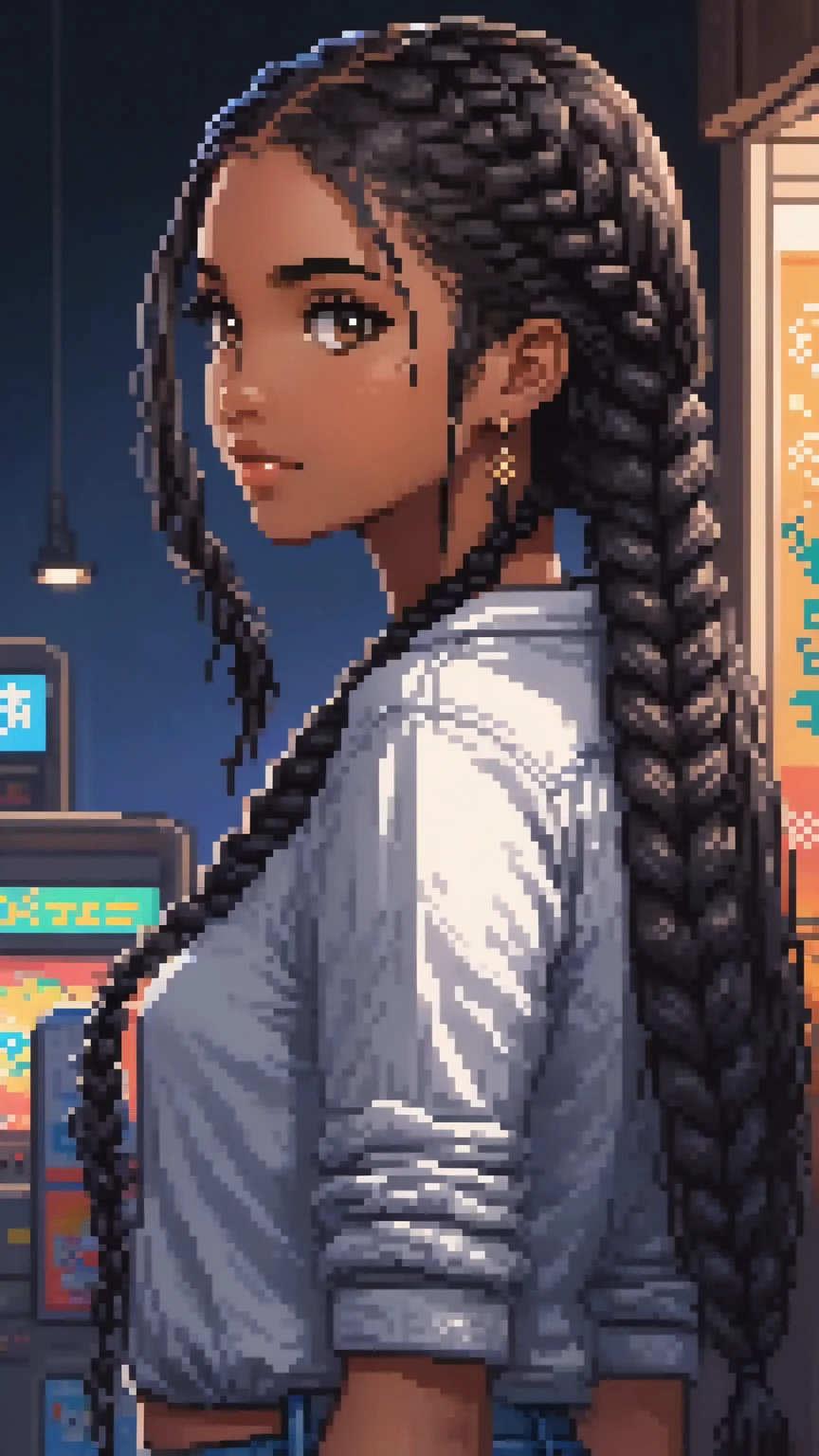 pixel art, girl, detailed drawing,  long hair in a braid, Casual clothing, Retro game , detailed drawing,  black hair , reflections in hair , dark skin,  brown eyes