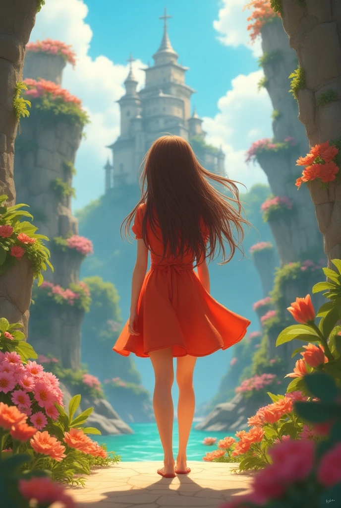a painting of a woman in a red dress walking down a street, a digital painting inspired by alexander jansson, artstation, fantasy art, a bustling magical town, fantasy painting hd, gothic city streets behind her