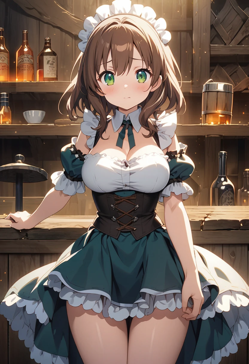 innocent, beautiful anime girl who works in a tavern as a bar maid, wearing sensible clothing, brown hair, green eyes, medieval vibes, light novel art, petite waist, mature girl, innocent expression