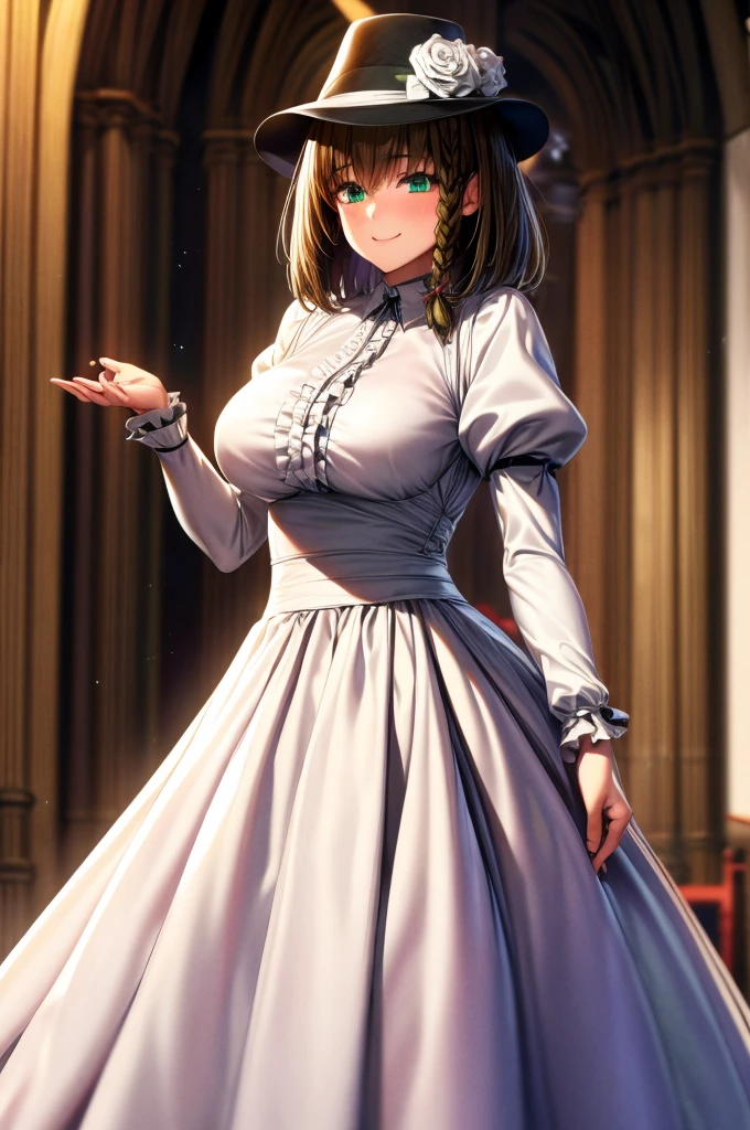 (Masterpiece, Ultra-high resolution, 8k, High Quality, Top quality, High-Detailed, Detailed CG, Cinematic Shadow:0.5, Beautiful Detailed Eyes, Ultra Resolution, Depth of Field, High Resolution, Masterpiece: 1.2), (Anime Art style), (cowboy shot), (church:1.6), 1girl, solo, charlotte corday, braid, brown hair, (green eyes:1.5), short hair, side braid, hat, hat flower, juliet sleeves, long sleeves, puffy sleeves, white dress, frills, beautiful breasts, smile, standing,