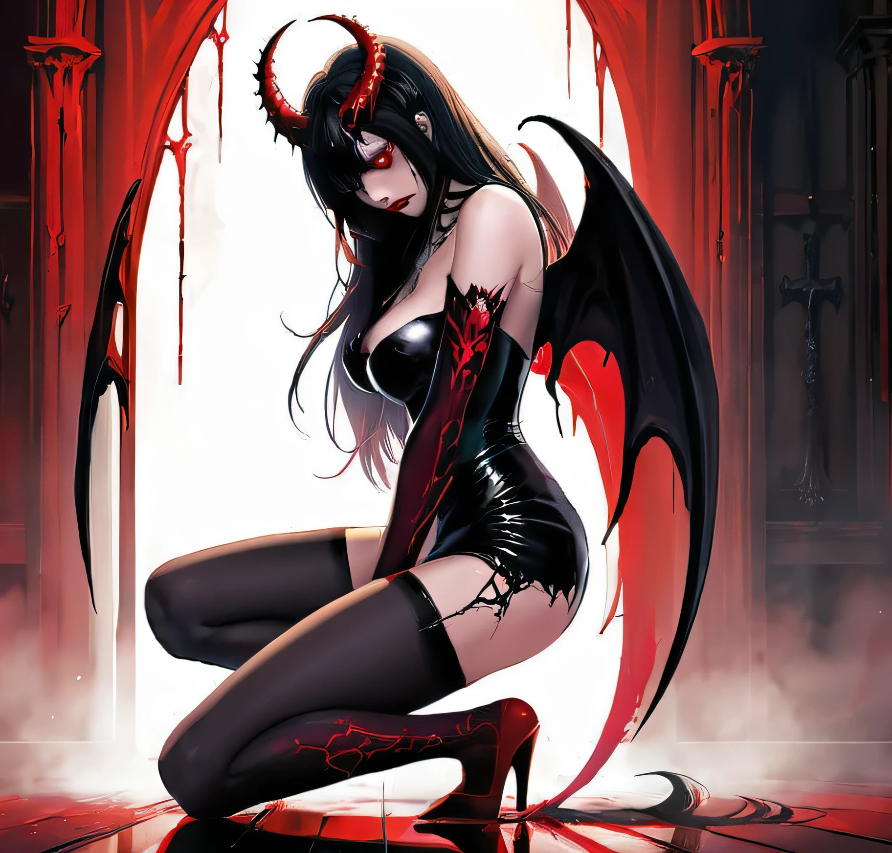 Undead sinner on her knees sucks demon's cock, forced oral sex, (mouth rape:1.3), Sexual violence, hand on her head holding her hair, (traces of beatings on her body:1.2), torn clothes, Sexual slavery, hellish torment, erotic masochism of sexual extremes, violence. Manic and unsettling,hyperstylized abaritions closing around her, large Penises, deep throat