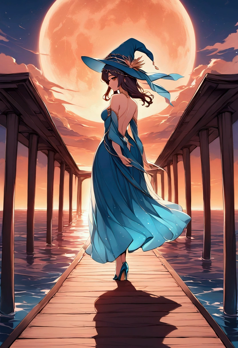  An Arab girl in a long dress and hat is walking on the pier while being illuminated by the sunset,  digital art by Cyril Rolando,  Pixabay Contest Winners ,  digital art,Walking towards the setting sun , Beautiful woman looking back,  beautiful and mysterious ,  standing in the dusk , Illuminated by the setting sun, Moon Goddess,  High Heels , Stunning sunset and shadows ,   fantasy