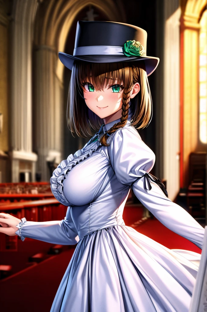 (Masterpiece, Ultra-high resolution, 8k, High Quality, Top quality, High-Detailed, Detailed CG, Cinematic Shadow:0.5, Beautiful Detailed Eyes, Ultra Resolution, Depth of Field, High Resolution, Masterpiece: 1.2), (Anime Art style), (cowboy shot), (church:1.6), 1girl, solo, charlotte corday, braid, brown hair, (green eyes:1.5), short hair, side braid, hat, hat flower, juliet sleeves, long sleeves, puffy sleeves, white dress, frills, beautiful breasts, smile, walking, from side,