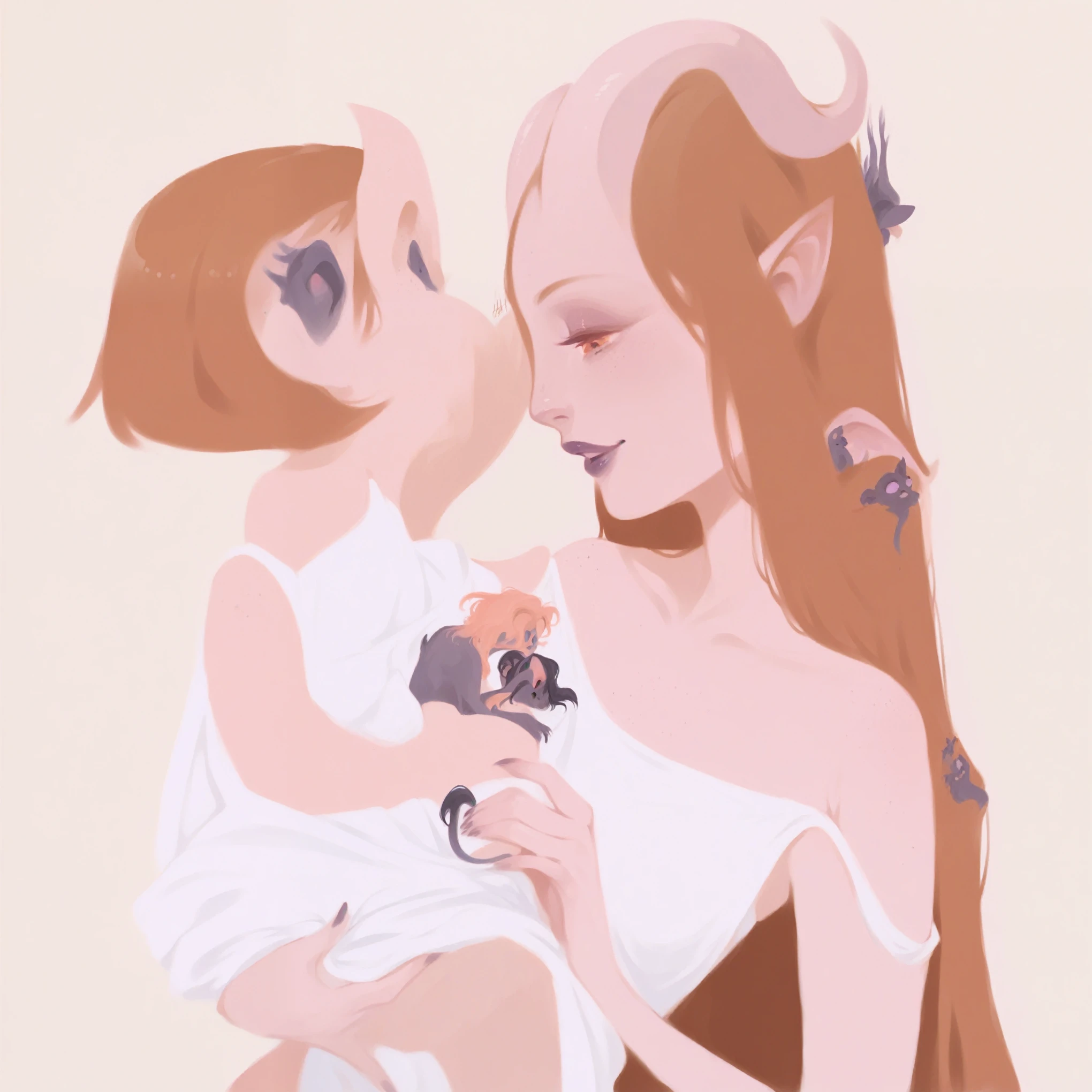 score_9, score_8_up, score_7_up, score_6_up, 3m0t3, gouache painting, hyper detailed, traditional art, 1girl, Tiefling woman holding a baby, mother and , tiefling horns, tiefling tail, simple background, motherhood, tender scene
