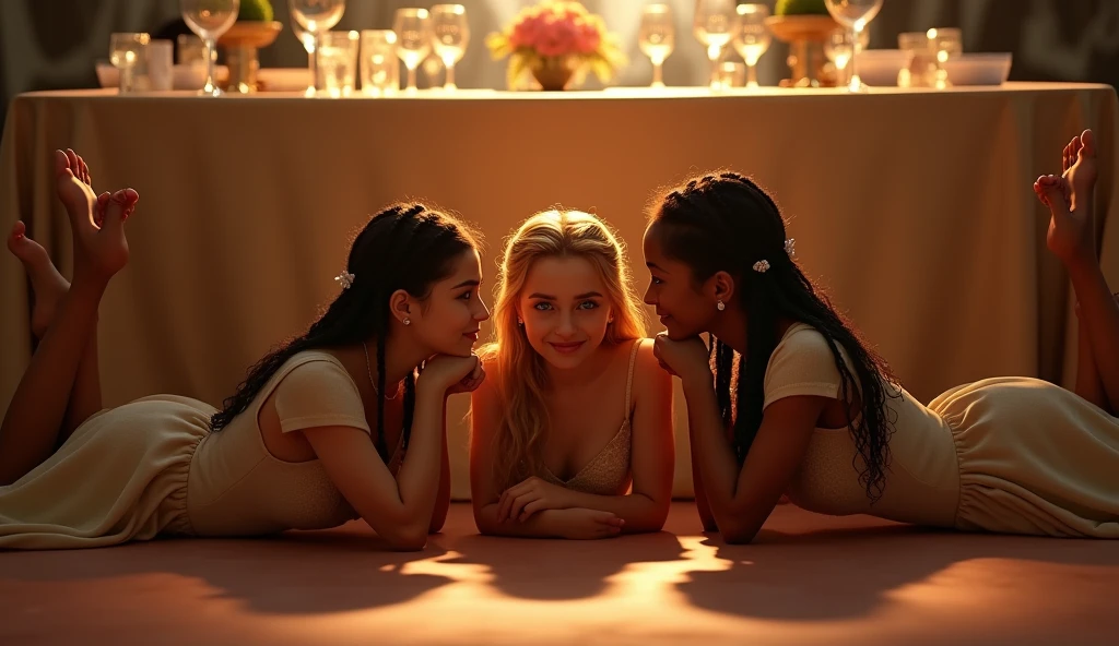center of the banquet table, the viewer is also under the table, naughty atmosphere, girls (girl-1, girls 2-3) are under a banquet table at a conservative wedding. there are two sets of black skinned feet and legs per women seated around our main girls at the table, the legs and feet are peeking from under the table skirt, the main characters are under the table, There are 3 young and beautiful 18-year-old girls, girl-1:(in center, white skinned, blond, blue shimmering eyes, conservative, anxious, aroused,), girls 2-3: (oily skin, black skinned, identical twins, fat, taller than girl-1, different hairstyles),  girls 2-3 look at each other knowingly about the sexual adventure they will take their new friend girl-1 laying on the floor, girl-1 is aroused by girls 2-3, girls 2-3  are holding girl1 her, girls 2-3  want to kiss girl-1, realistic artstyle,  casual pose, realistic style, official fanart, realism artstyle, hyperrealistic teen, high quality fanart, background artwork, calmly conversing 8k, realistic art style, relaxed poses, detailed realistic expressions, realistic picture, 