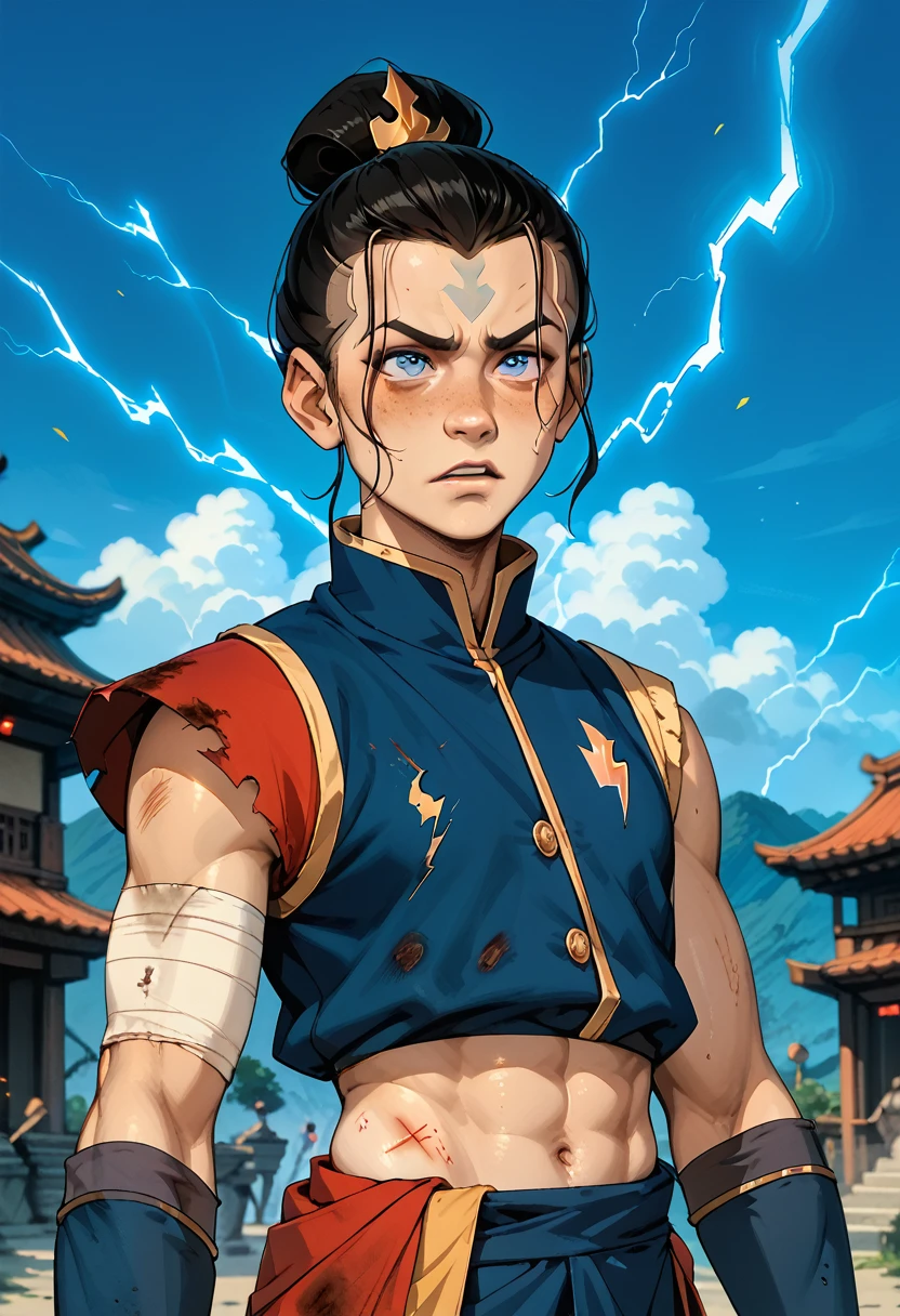  Aang, The Last Airbender, he is being electrocuted by  a powerful bolt of blue lightning, painful expression, contorted limbs, bruised and beaten, torn clothes,