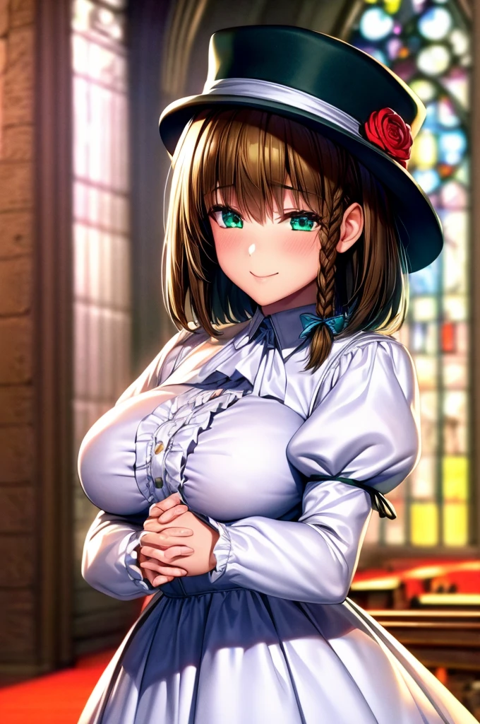 (Masterpiece, Ultra-high resolution, 8k, High Quality, Top quality, High-Detailed, Detailed CG, Cinematic Shadow:0.5, Beautiful Detailed Eyes, Ultra Resolution, Depth of Field, High Resolution, Masterpiece: 1.2), (Anime Art style), (cowboy shot), (church:1.6), 1girl, solo, charlotte corday, braid, brown hair, (green eyes:1.5), short hair, side braid, hat, hat flower, juliet sleeves, long sleeves, puffy sleeves, white dress, frills, beautiful breasts, smile, close eyes, own hands clasped,