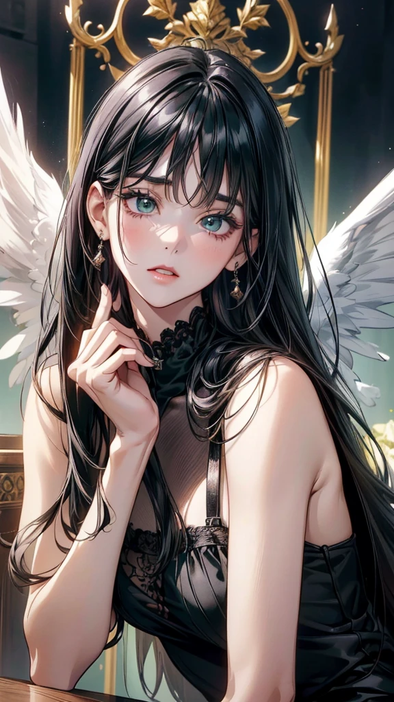 (ultra-detailed, CG ,unity ,8k wallpaper),(masterpiece),(realistic),the black halo,(photorealistic:1.2),(raw photo:1.2), (best quality:1.2),(detailed face:1.3),(detailed body:1.3)black nimbus,dark fantasy, (beautiful detailed eyes,black eyes,empty eyes :1.2),fire around,(detailed hair),1girl,(Angel wings:1.4),fire around,(long black hair:1.3),fire around