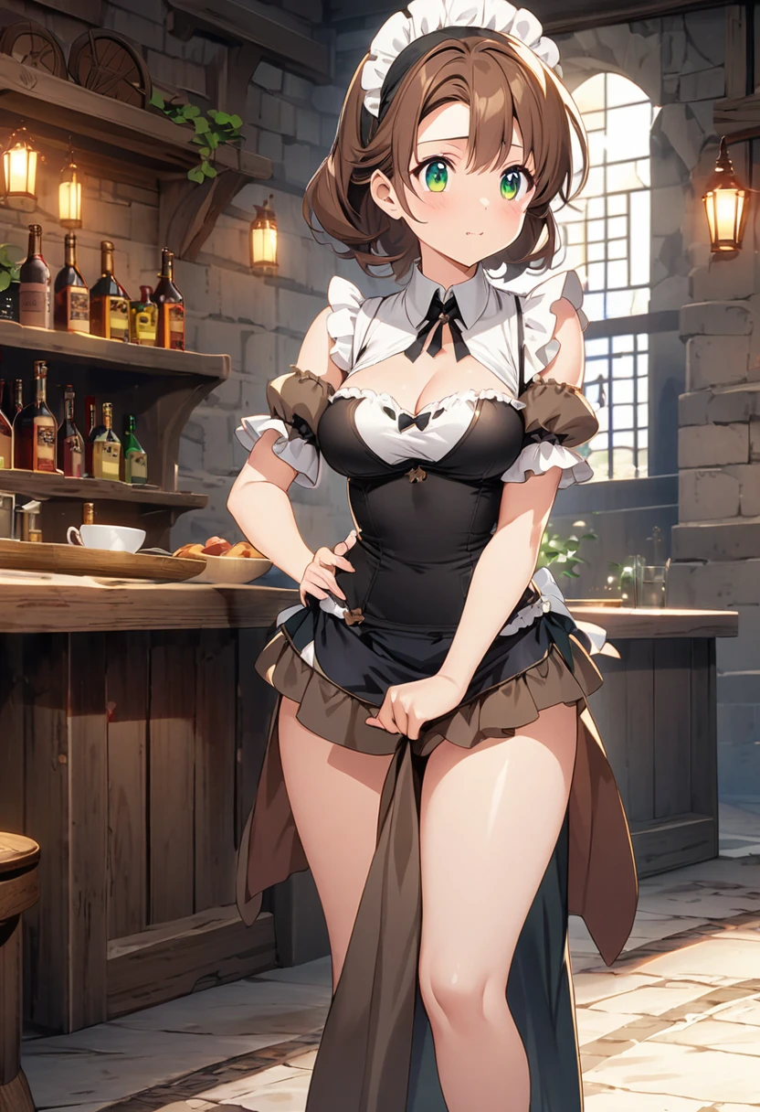 innocent, beautiful anime girl who works in a tavern as a bar maid, wearing sensible clothing, brown hair, green eyes, medieval vibes, light novel art, petite waist, mature girl, innocent expression