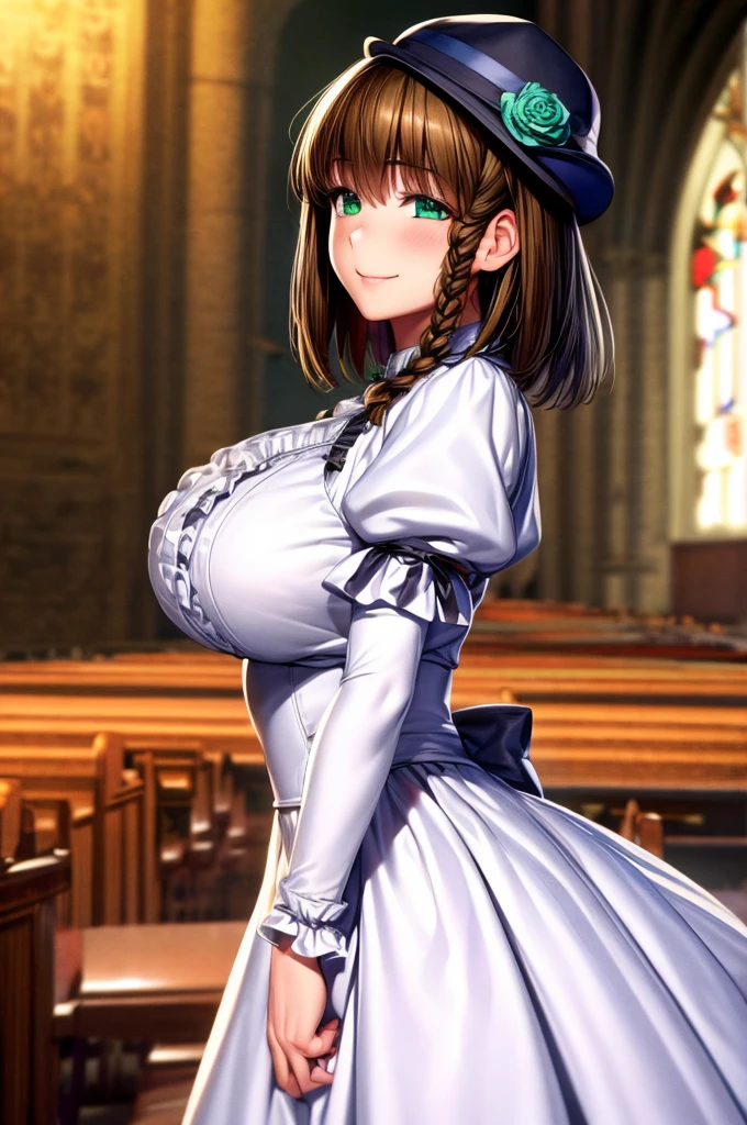 (Masterpiece, Ultra-high resolution, 8k, High Quality, Top quality, High-Detailed, Detailed CG, Cinematic Shadow:0.5, Beautiful Detailed Eyes, Ultra Resolution, Depth of Field, High Resolution, Masterpiece: 1.2), (Anime Art style), (cowboy shot), (church:1.6), 1girl, solo, charlotte corday, braid, brown hair, (green eyes:1.5), short hair, side braid, hat, hat flower, juliet sleeves, long sleeves, puffy sleeves, white dress, frills, beautiful breasts, smile, forward hands,