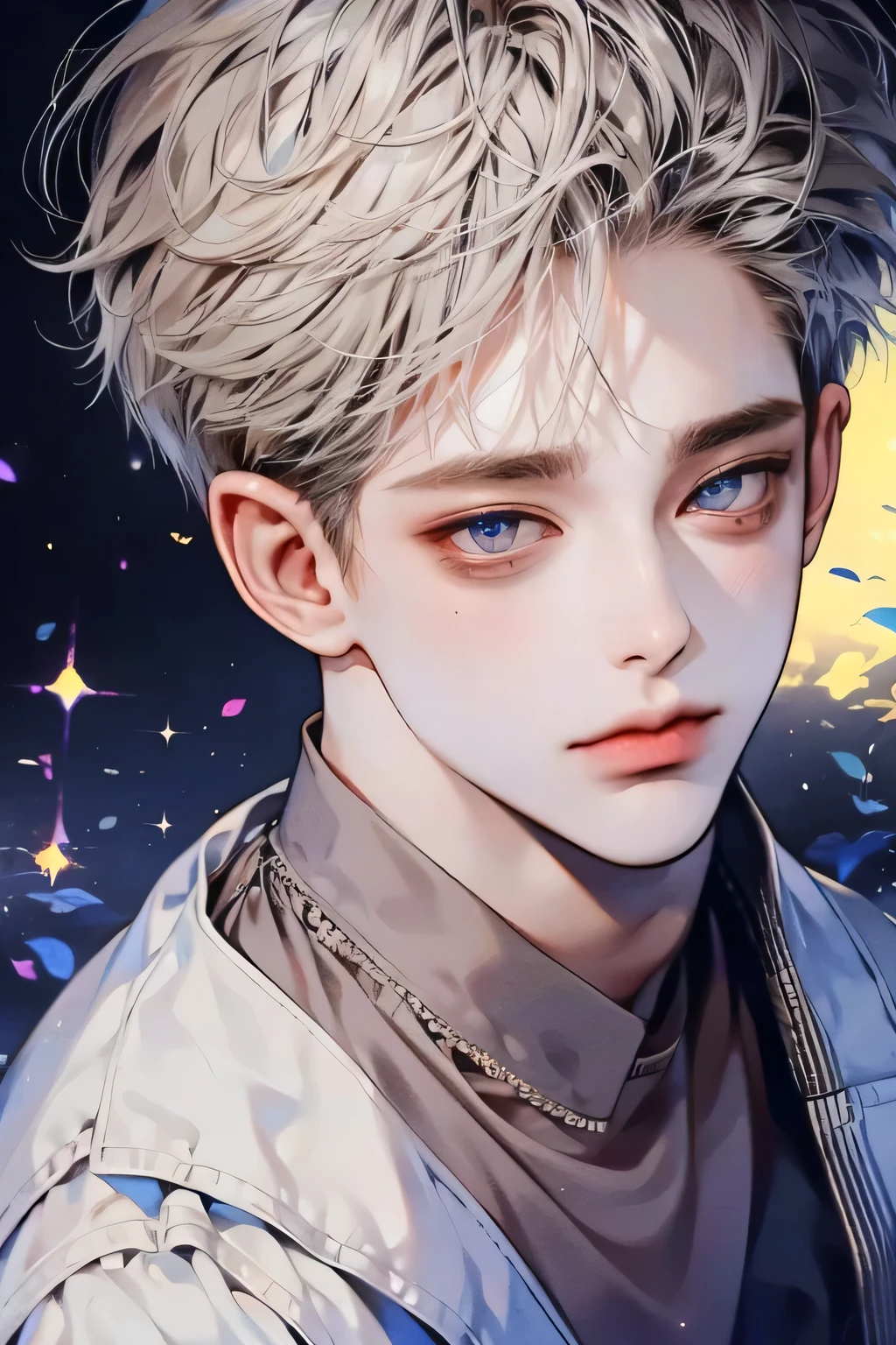 masterpiece, best quality, Detailed Eyes, high quaility, 1 male, male, 1 boy, gentle, soft, handsome, tall, skinny, hair between eyes, gray colored hair, gary colored eyes,a hadsome man,Korean man, Adult male, cool man、Tall, ((현진이랑 얼굴 비슷함))、white shirt, 넥타이, undercut, ((테크웨어)), ((짧은 머리)), ((악세사리 착용 금지))