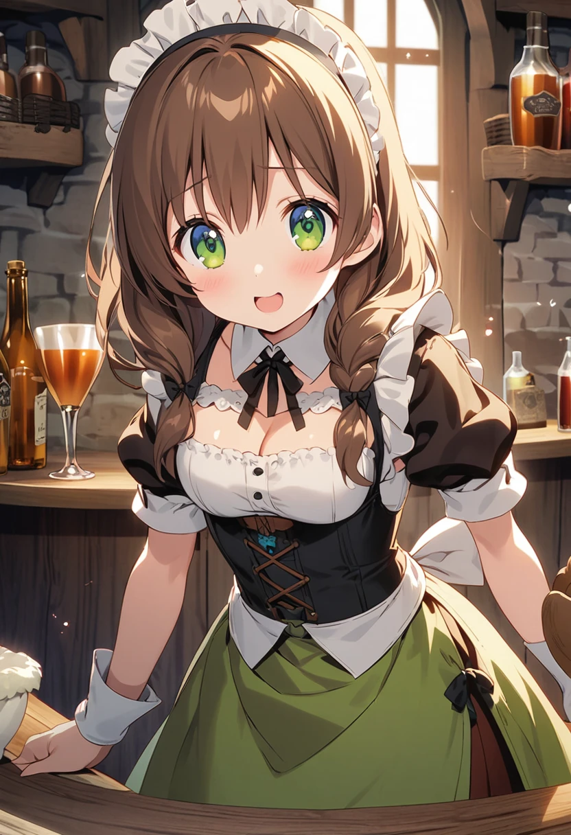 innocent, beautiful anime girl who works in a tavern as a bar maid, wearing sensible clothing, brown hair, green eyes, medieval vibes, light novel art, petite waist, mature young woman, cute expression