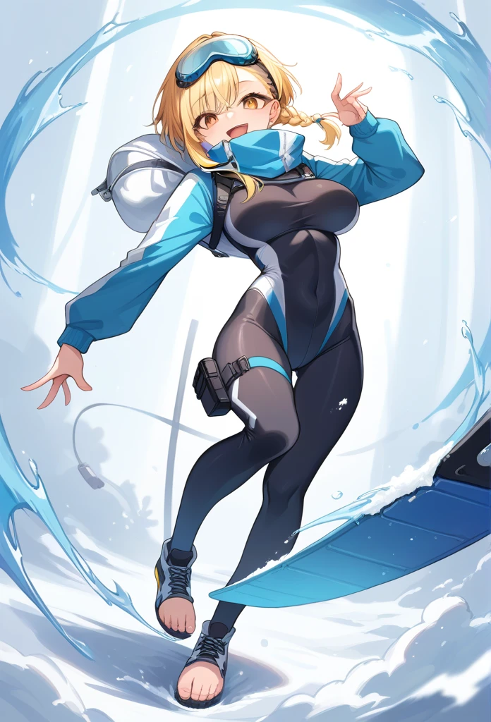 A girl, happy, with large , with blonde hair,  big breasts,  undercut hairstyle with long bangs with a braid behind , with golden eyes,  Standing with a Hand on the Hip ,  ski goggles with a loose white blue and white short sweatshirt,  with a black full body suit fitted underneath similar to a leg-length diving suit,  with a leather garter on the thigh ,  on his left leg with a long half stirrup color black  