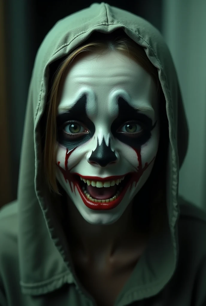 girl with dark brown hair and dark blue eyes. wears a mask with holes for the eyes and a scary smile. wears a black hoodie, dark jeans and dark sneakers. height: 160 cm