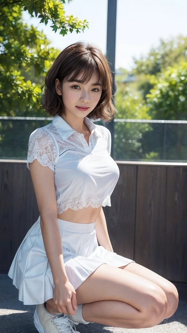 girl in transparent silk miniskirt, super short skirt, erotic, short and tight shirt translucent, tetas grandes, (acostado en un prado con flores, senos firmees, firme, delgado, sonriente, ((feliz)), atractivo, pose sensual, ((erotic)), cara bonita, ojos agudos, Disco duro, 8k, aerial  view, hermosas piernas, ((Medias)),