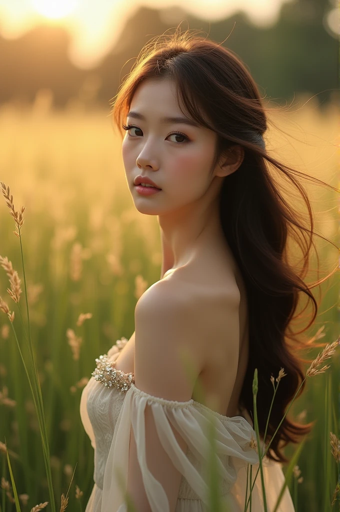 1girl, korean idol, standing back view on meadow, beautiful butt, lifting shirt showing butt, (back position:1.5), mix4, wearing white longsleeve shirt, (small breast:1.5), the shirt is just below her butt, sexy red moist lips, sexy red moist lips, open_mouth, realistic, photo_\(medium\), solo, (masterpiece), (realism: 1.3), super detailed, (High detail skin: 1.2), (Best quality: 1.0), (Ultra resolution: 1.0), (ULZZANG-6500: 0.3), wavy detail hair, long hair, (beautiful detail makeup), (sexually aroused blush, heavy breath: 1.0), (soft light bloom: 0.5), (slim muscular body:1.2), bright skin