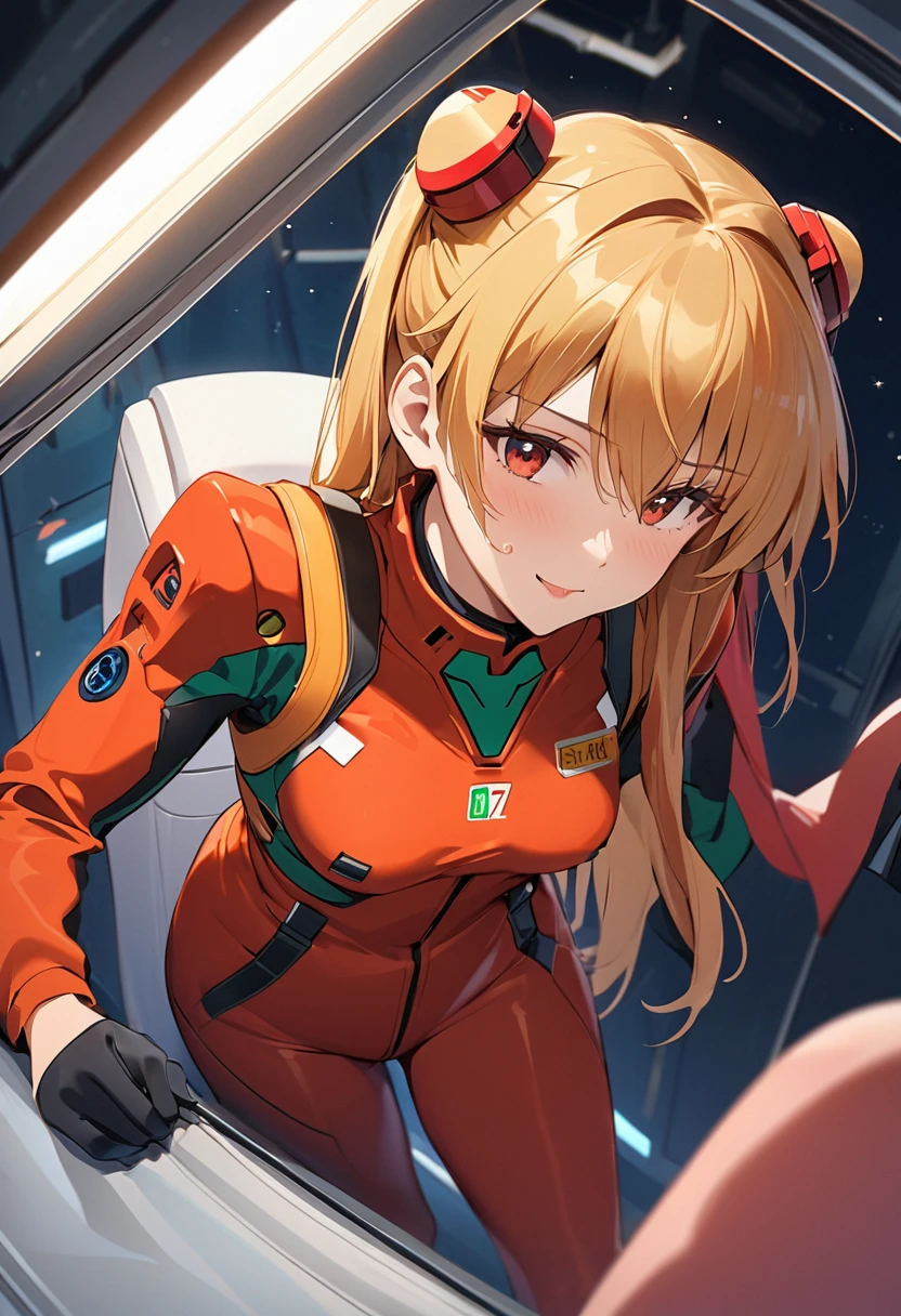 score_9, score_8_up, score_7_up, score_6_up, source anime, 1girl, solo, cockpit, spaceship, space, science fiction, dark background, piloting, cyberpunk, serious, (spacesuit:0.4), (military uniform:0.5), long sleeves, gloves, dress, sitting, side ponytail, red_hair, amber eyes, hair ribbon, tie, straight-on, from below, particles