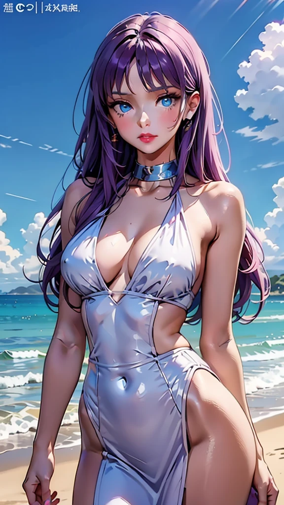 1 beautiful woman with purple hair and blue eyes (saori o) in her 21 years of age, with a very seductive perfect and proportional body,using High Slit black Dress on a beach, with an embarrassed face, lips with red lipstick, posing as if was being photographed for playboy magazine