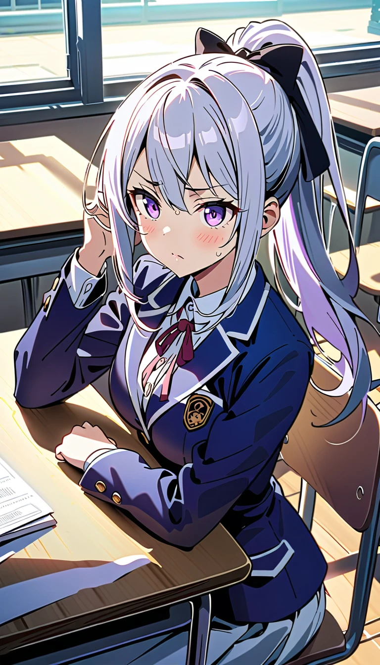 Higuchi Kaede, blazer,  purple eyes,  silver hair,  ponytail,
offcial art,masterpiece,The 8k quality,Super Detail,Fine detail skin,Sweat,Highly detailed beautiful hair,,Highly detailed beautiful face,Beautiful Shadows,sweat, detailed background , School, classroom,  sitting at a desk , grumpy expression,