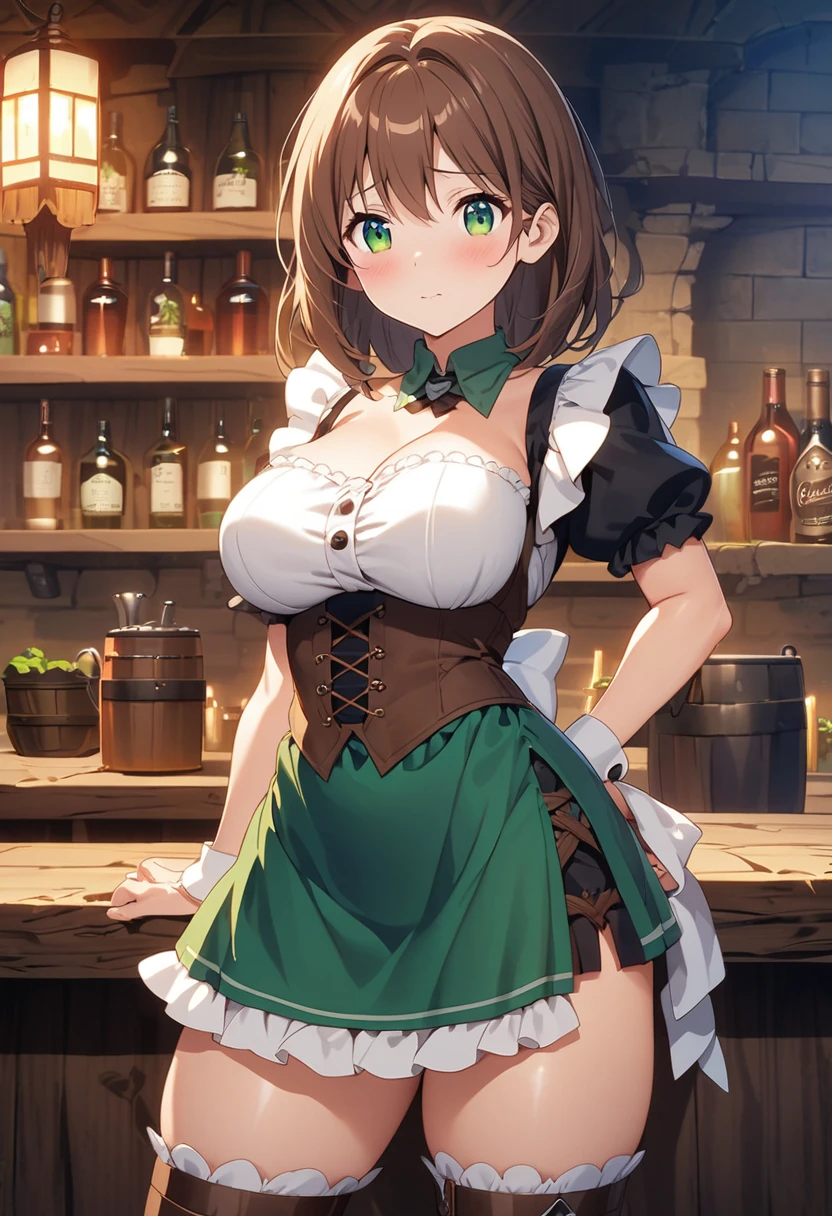 innocent, beautiful anime girl who works in a tavern as a bar maid, wearing sensible clothing, brown hair, green eyes, medieval vibes, light novel art, petite waist, mature girl, innocent expression, thicc