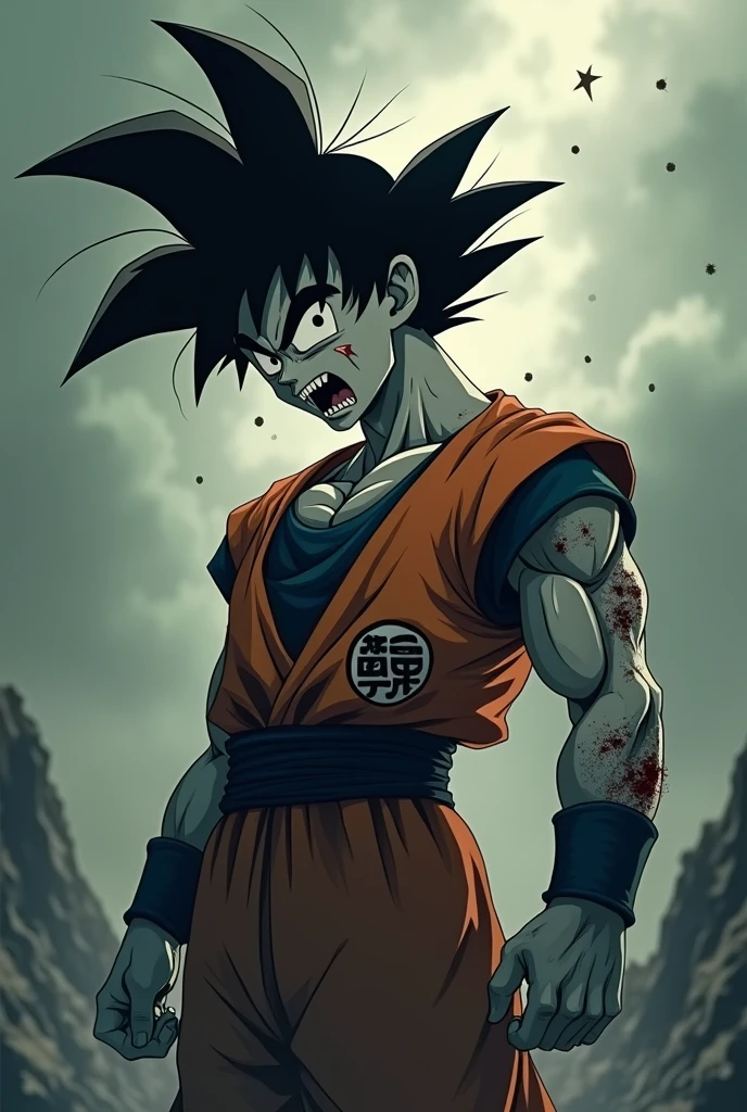 I want the image of Goku seriously injured and crying inconsolably as realistic as possible in a landscape with a bright full moon and other planets in sight.